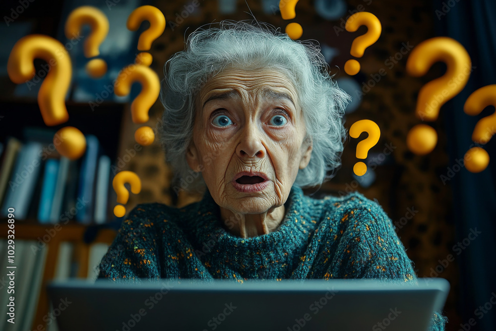 Difficulty In Using Computer Confused elderly woman using laptop computer at home. Mature old lady ...