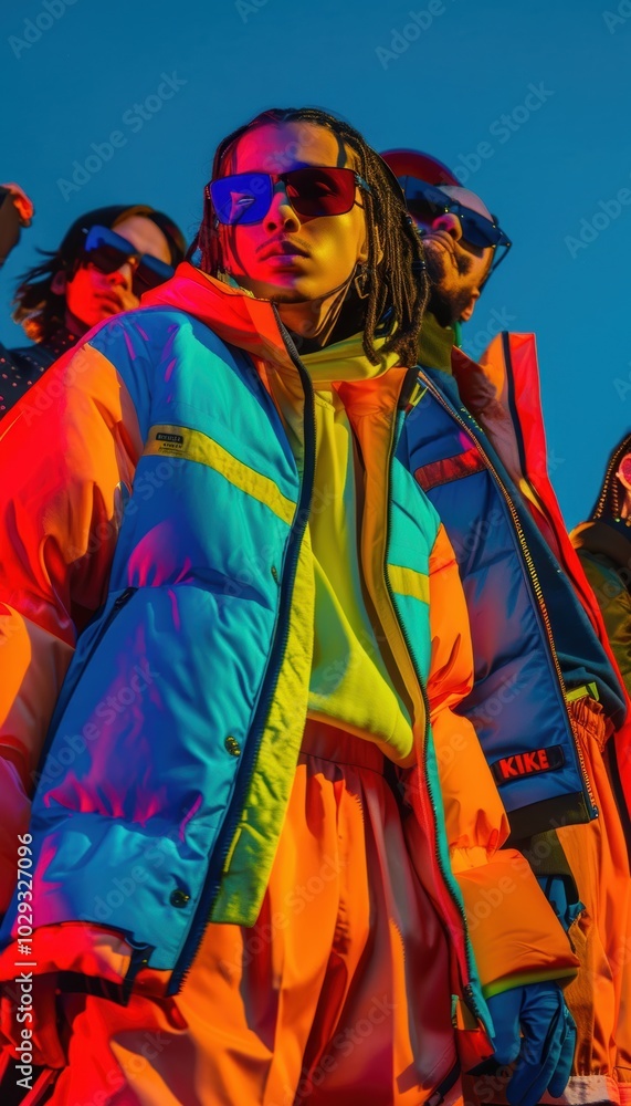 Fototapeta premium Bold Streetwear Promotion Featuring Models in Vibrant Outfits for a Dynamic Social Media Campaign