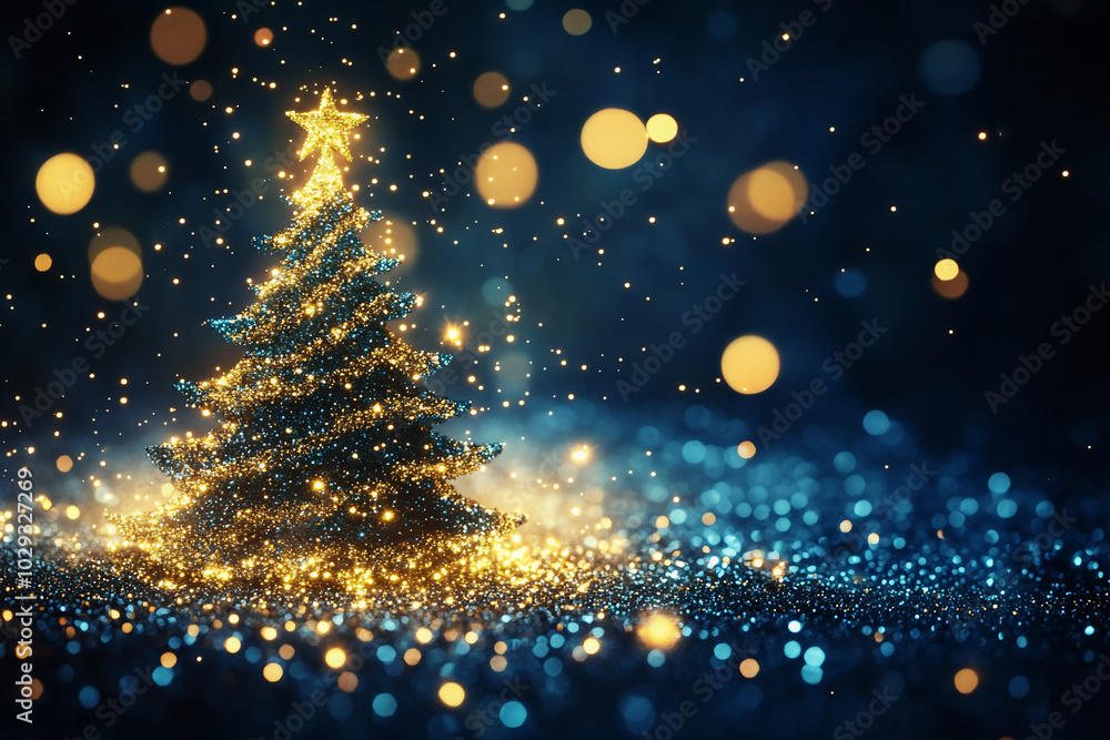 Obraz premium Abstract Christmas tree with blue and gold glitter and gold bokeh