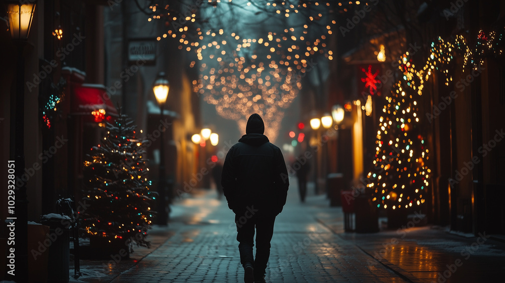 An illustration depicting loneliness, mental health issues or depression at Christmas time, showing a man alone looking sad surrounded by Christmas lights and decorations, wide landscape 16:9 An illustration depicting loneliness, mental health issues or depression at Christmas time, showing a man alone looking sad surrounded by Christmas lights and decorations, wide landscape 16:9