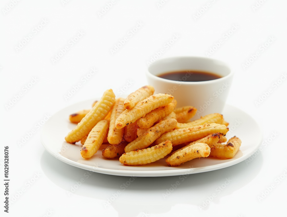 A generous serving of crispy golden fries is arranged on a white plate, accompanied by a small bowl of savory dipping sauce, creating a tempting presentation A generous serving of crispy golden fries is arranged on a white plate, accompanied by a small bowl of savory dipping sauce, creating a tempting presentation