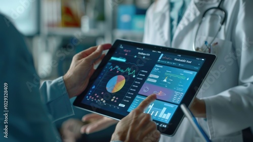 Healthcare professionals analyzing digital medical data on a tablet in a modern hospital setting