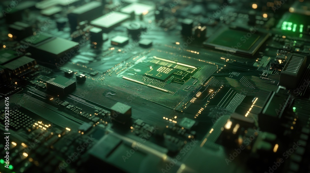 Fototapeta premium High-Tech Green Circuit Board with Illuminated Components in 3D Close-Up