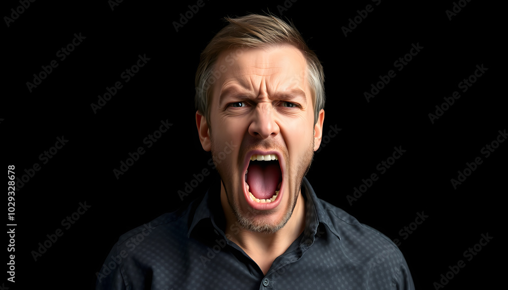 Frustrated man emotionally screaming isolated on black background, life problems isolated with white highlights, png Frustrated man emotionally screaming isolated on black background, life problems isolated with white highlights, png