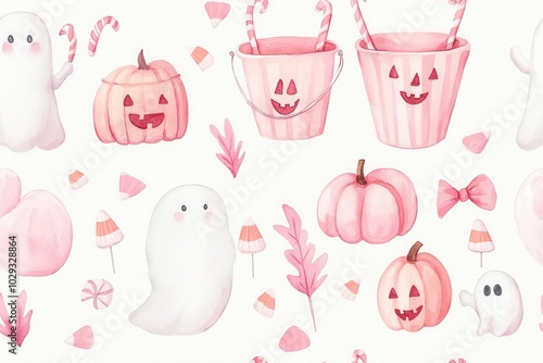 Cute Halloween-themed illustrations on a white background., Tile , Seamless Pattern