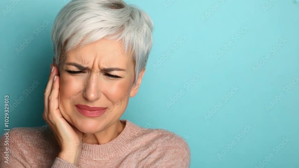 A middle aged woman with short hair shows signs of teeth pain while touching her cheek, set against a blue wall with free space A middle aged woman with short hair shows signs of teeth pain while touching her cheek, set against a blue wall with free space