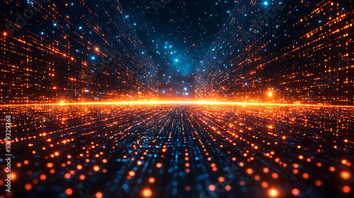 A dynamic futuristic scene showcasing glowing digital data streams and vibrant neon lights in a cityscape. The abstract light patterns depict the flow of information