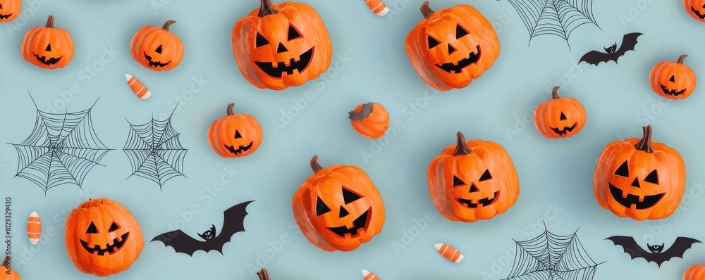 Halloween decoration with pumpkins, bats, and spider webs., Tile , Seamless Pattern Halloween decoration with pumpkins, bats, and spider webs., Tile , Seamless Pattern