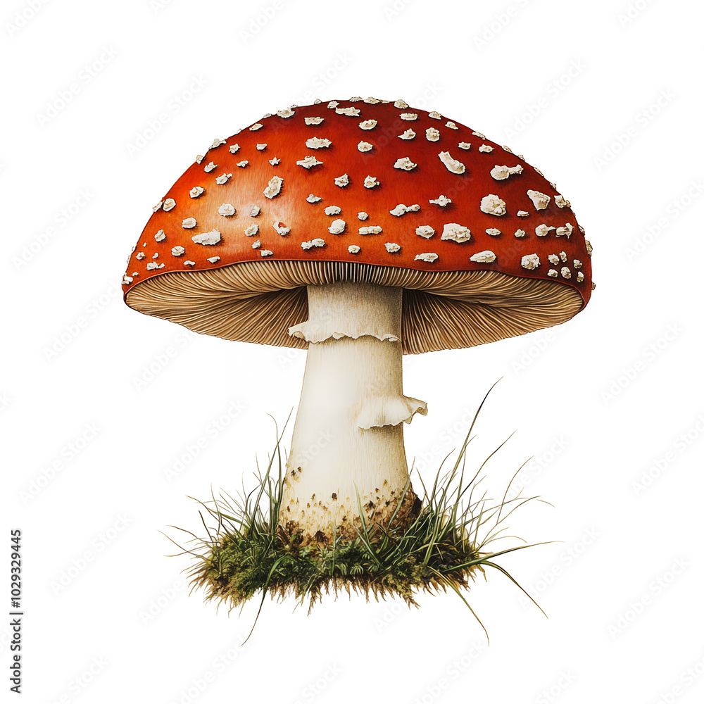 Red Mushroom with White Dots and Grass Base Isolated on Transparent Background Red Mushroom with White Dots and Grass Base Isolated on Transparent Background