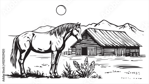 Horse in front of a barn and mountains, simple line art logo, vector graphic design for a t-shirt print on a white background,
