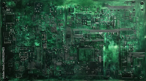 Grungy Green Circuit Board Close-Up with Distressed Surface and Detailed Electronic Components