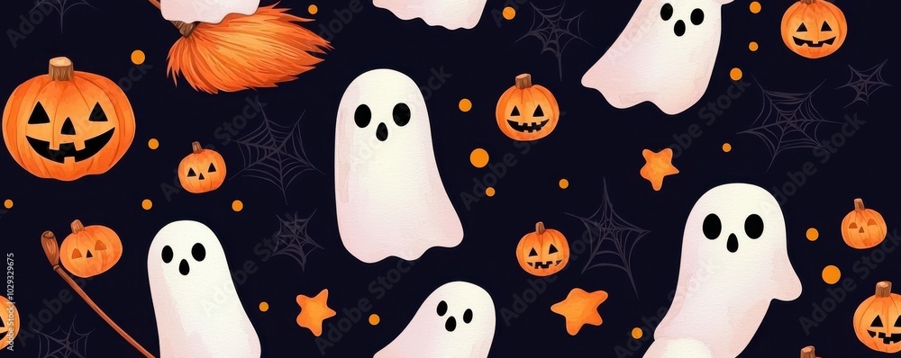 Halloween pattern with ghosts, pumpkins, and stars on black., Tile , Seamless Pattern Halloween pattern with ghosts, pumpkins, and stars on black., Tile , Seamless Pattern