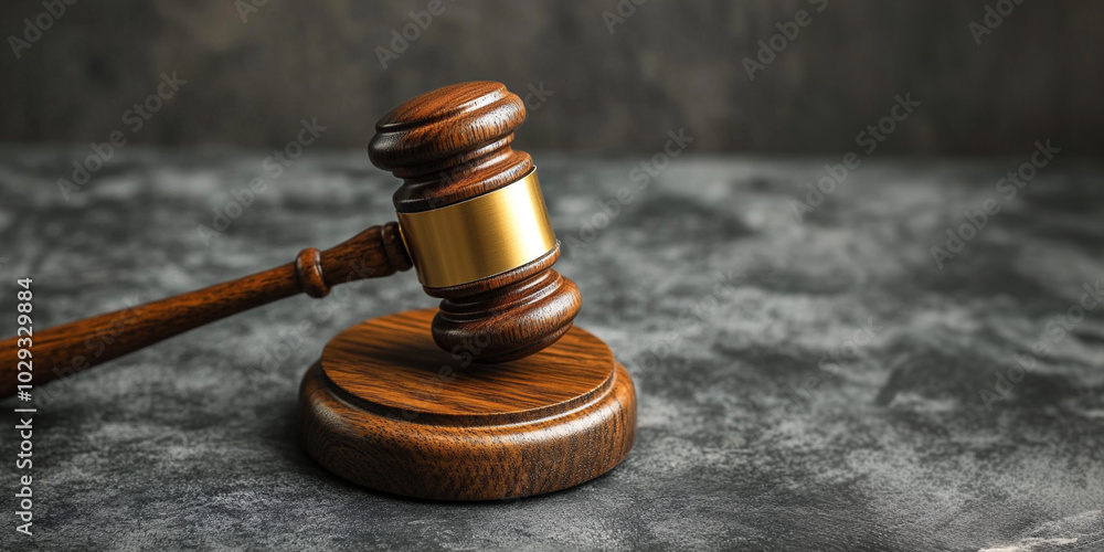 Wooden judge gavel on gray background. Banner template for advertising legal companies, protection of their rights, litigation for property, divorce and lawyer services with space for text Wooden judge gavel on gray background. Banner template for advertising legal companies, protection of their rights, litigation for property, divorce and lawyer services with space for text