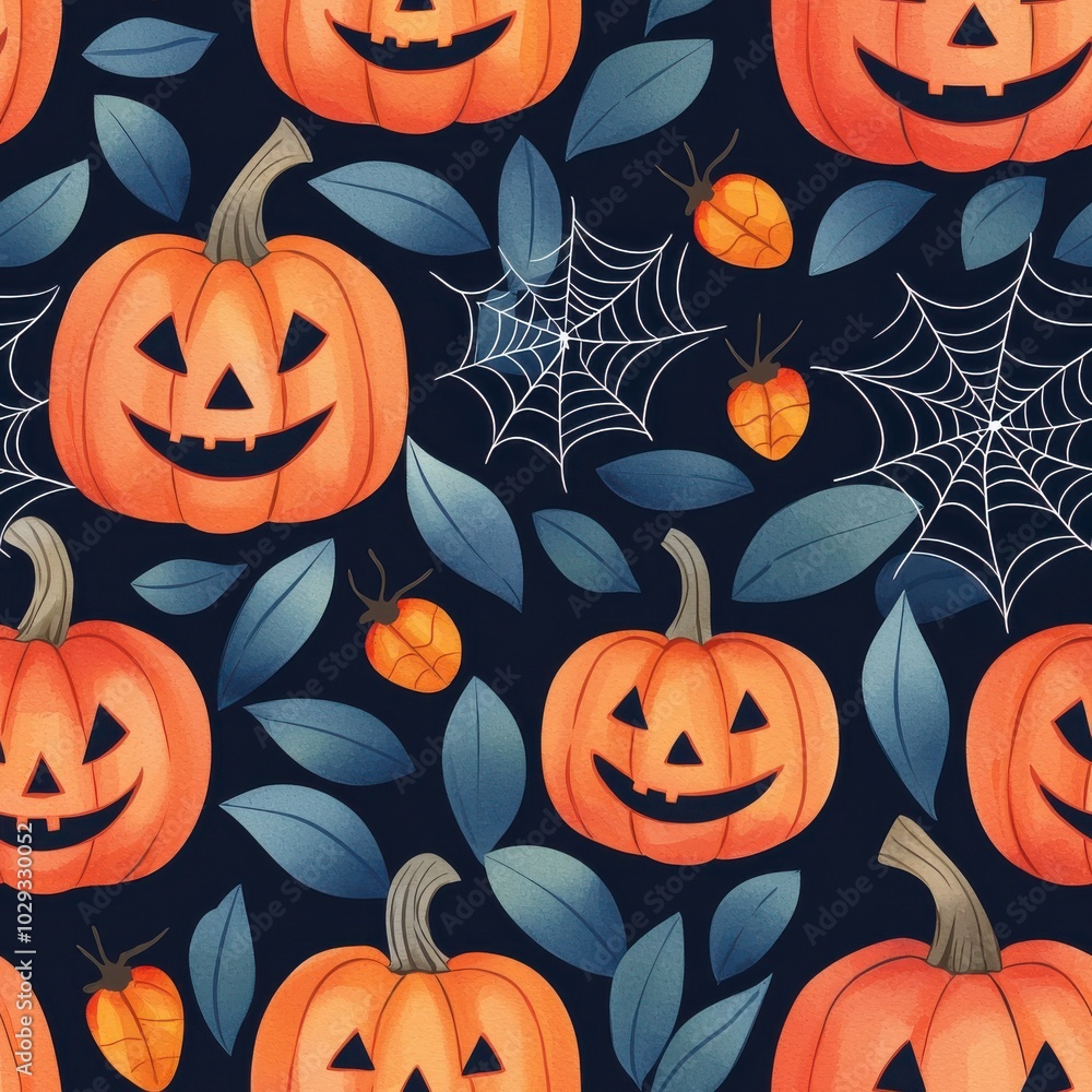Halloween pattern with pumpkins, leaves, and spider webs., Tile , Seamless Pattern Halloween pattern with pumpkins, leaves, and spider webs., Tile , Seamless Pattern