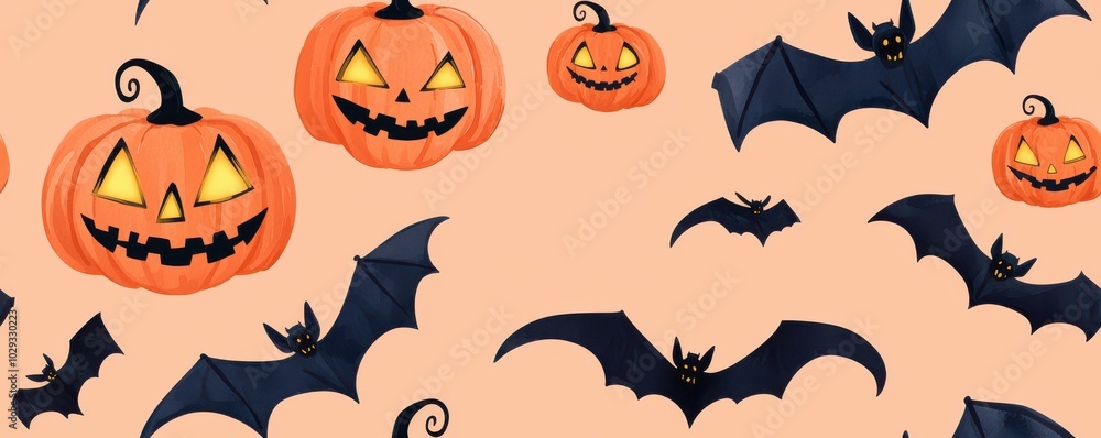 Halloween pumpkins and bats on a soft orange background., Tile , Seamless Pattern Halloween pumpkins and bats on a soft orange background., Tile , Seamless Pattern