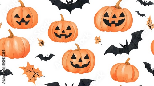 Halloween pumpkins and bats on white isolated background., Tile , Seamless Pattern