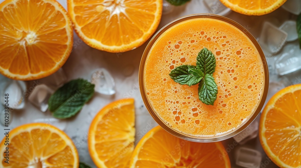 Fresh orange smoothie topped with mint leaves, surrounded by orange slices and ice cubes on a textured background, refreshing citrus drink, healthy summer beverage, vibrant, copy space.
Fresh orange smoothie topped with mint leaves, surrounded by orange slices and ice cubes on a textured background, refreshing citrus drink, healthy summer beverage, vibrant, copy space.