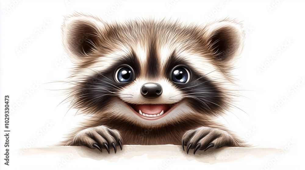 Happy raccoon character, playful expression, digital art, cute animal face, copy space Happy raccoon character, playful expression, digital art, cute animal face, copy space