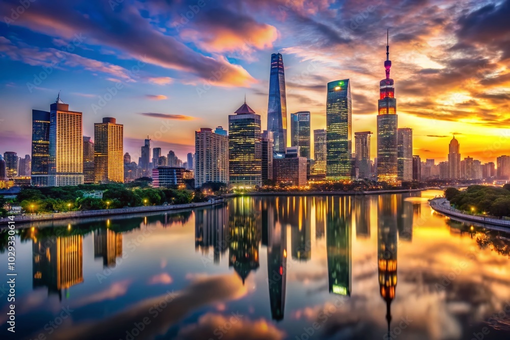 Fototapeta premium Evening Cityscape with Skyscrapers and River Reflection at Dusk