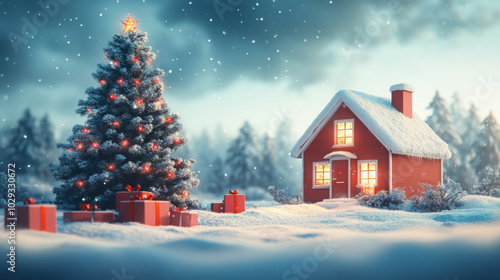 A snowy Christmas scene with a house, decorated tree and presents in the snow.
