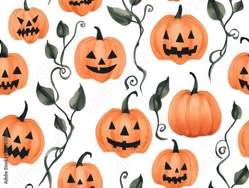 Halloween pumpkins with leaves on white isolate background, Tile , Seamless Pattern