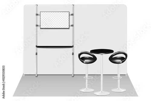 Trade show booth display kit mock-up. Expo tradeshow set template. Backdrop banner, LCD TV monitor stand, round counter exhibition table, swivel bar chairs. Realistic 3d vector mockup