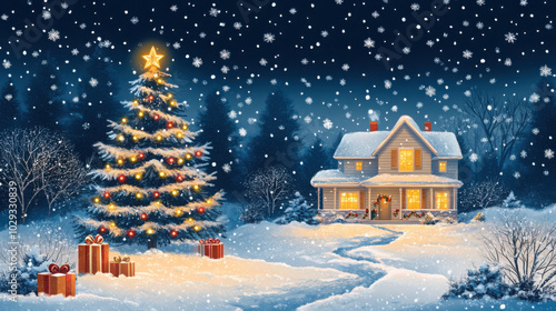 A snowy Christmas scene with a house, decorated tree and presents in the snow.