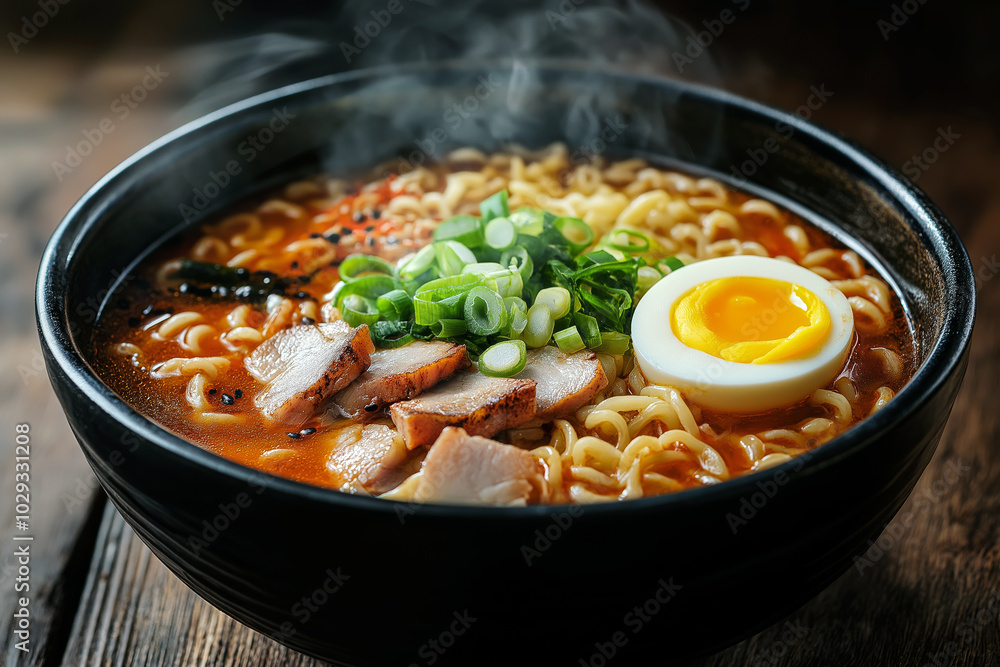 Street-style bowl of spicy ramen noodles with soft-boiled egg, sliced pork, and green onions in a rustic setting, steam rising from the bowl. Street-style bowl of spicy ramen noodles with soft-boiled egg, sliced pork, and green onions in a rustic setting, steam rising from the bowl.