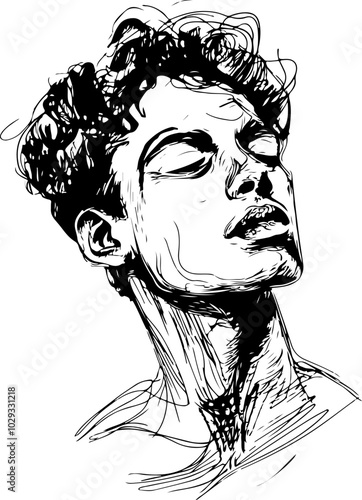 Expressive Vector Portrait: A monochromatic sketch of a young man with tousled hair, conveying emotion and introspection, suitable for artistic projects.