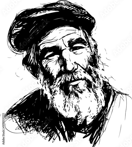 Vector sketch of an elder man with a beard, wearing a cap. Ideal for storytelling or artistic projects.