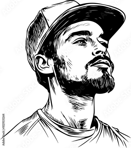 Stylized vector portrait of a man in a cap, showcasing strong lines and expressive features; ideal for branding or creative projects.