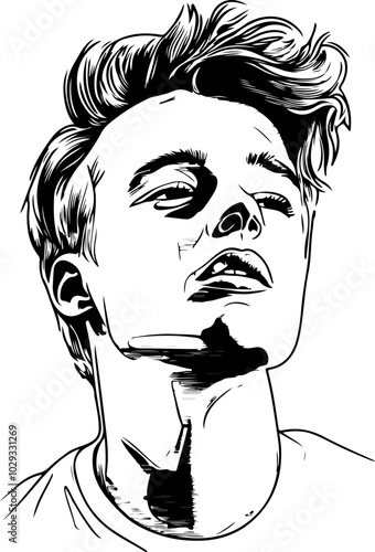 Bold monochrome vector portrait of a young man, featuring expressive features and tousled hair, ideal for creative projects and branding.