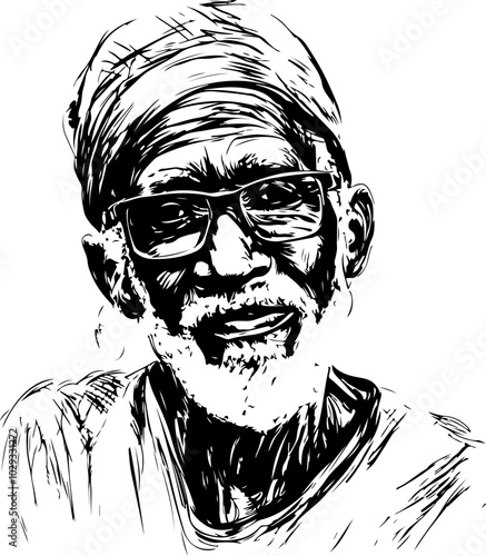 Vector illustration of an older man with glasses, smiling warmly in a minimalist black and white style, ideal for cultural or emotional themes.