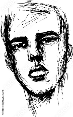 Vector Portrait: Abstract black and white sketch of a youthful male face, suitable for artistic projects and personal branding.