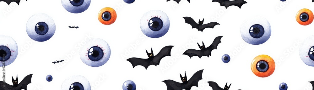 Fototapeta premium Halloween themed pattern with bats and colorful eyeballs., Tile , Seamless Pattern