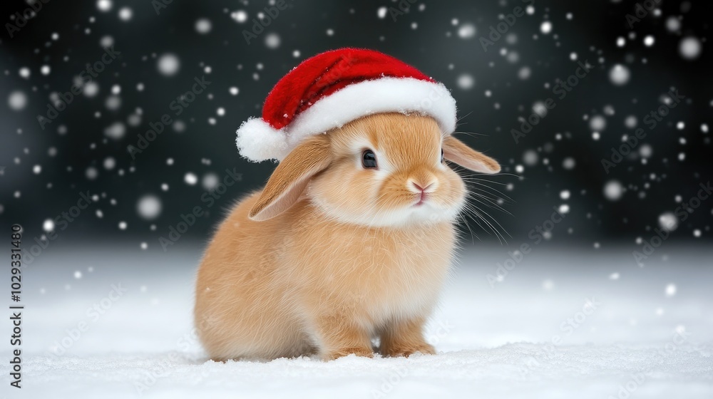 A small, adorable bunny wears a festive Santa hat while resting on soft snowflakes in a magical winter setting, capturing the warmth of the holiday spirit A small, adorable bunny wears a festive Santa hat while resting on soft snowflakes in a magical winter setting, capturing the warmth of the holiday spirit
