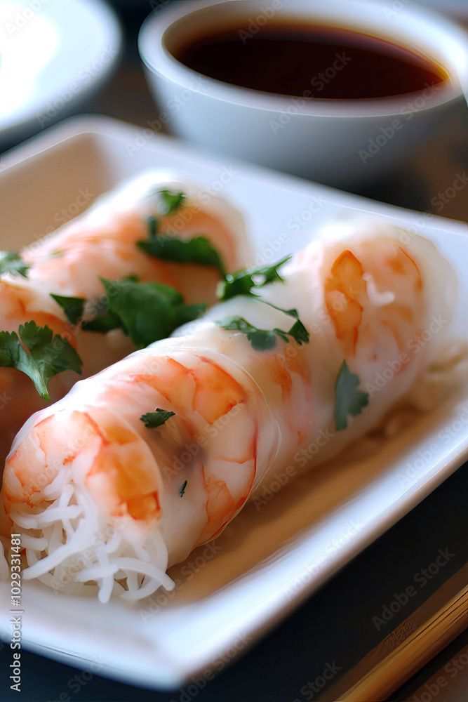 Vietnamese spring rolls filled with shrimp, fresh herbs, and vermicelli noodles, served with a side of hoisin dipping sauce. Vietnamese spring rolls filled with shrimp, fresh herbs, and vermicelli noodles, served with a side of hoisin dipping sauce.