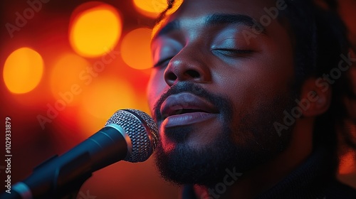 A singer passionately performing into a microphone with warm, blurred lights in the background.