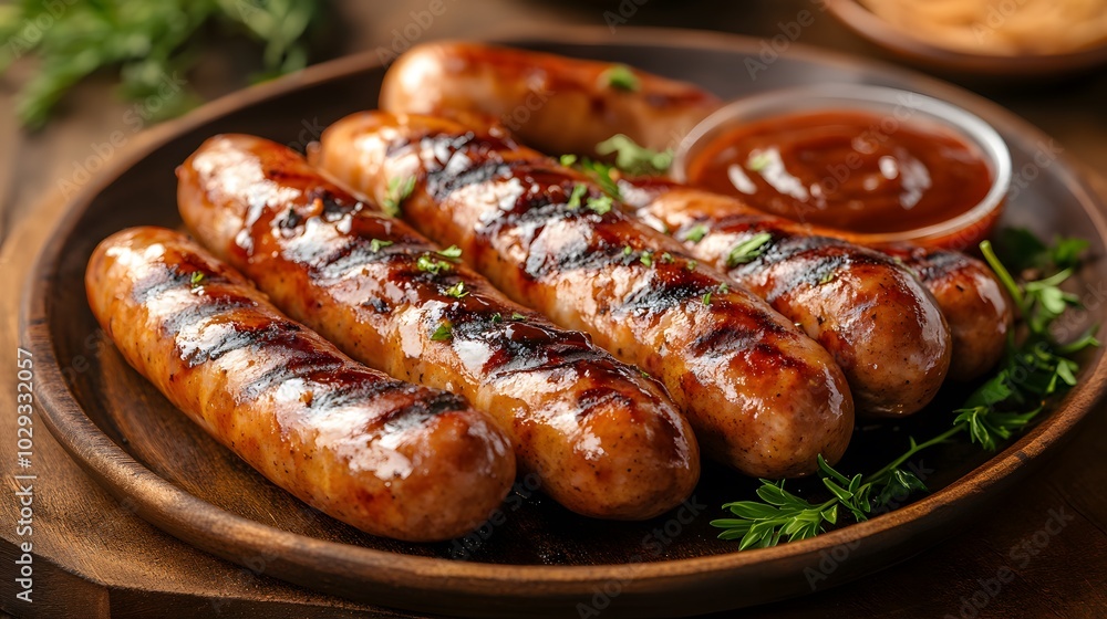Grilled sausages on wooden plate with sauce Grilled sausages on wooden plate with sauce