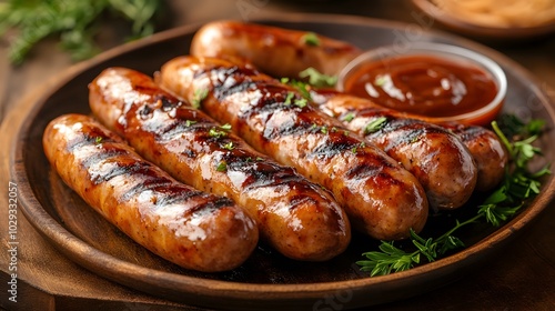 Grilled sausages on wooden plate with sauce