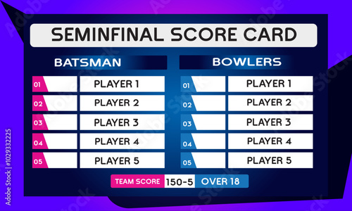 Cricket semi final scorecard game leaderboard with abstract background vector