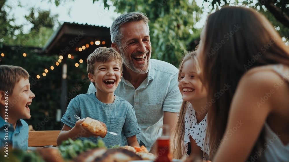 A joyful family barbecue gathering in a backyard during summer, children laughing and enjoying their meals together A joyful family barbecue gathering in a backyard during summer, children laughing and enjoying their meals together