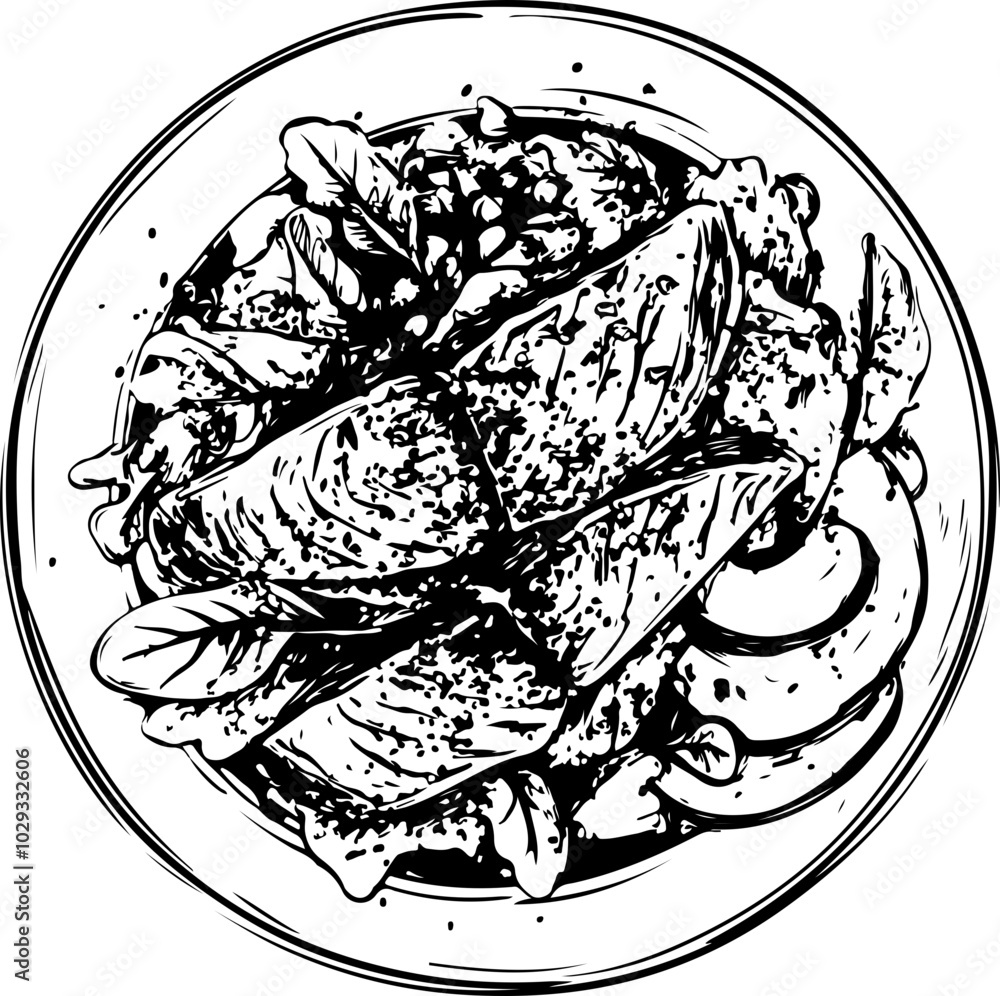 Stylized Vector Illustration of a Delicious Platter with Burrito, Greens, and Sides - Great for Food Menus or Healthy Eating Content Stylized Vector Illustration of a Delicious Platter with Burrito, Greens, and Sides - Great for Food Menus or Healthy Eating Content