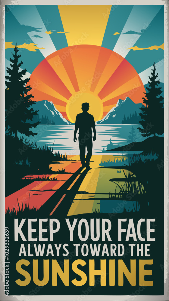 A motivational poster featuring a silhouette of a person walking towards a vibrant sunset. A motivational poster featuring a silhouette of a person walking towards a vibrant sunset.