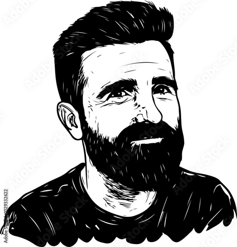 Black and white vector portrait of a bearded man, conveying a thoughtful expression; ideal for personal branding and design.