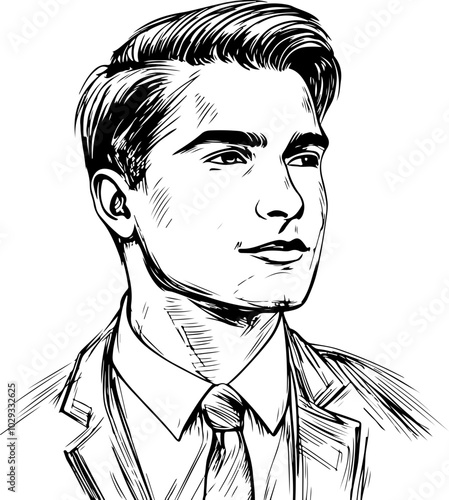 Stylized vector portrait of a young man in a suit, featuring a clean black-and-white line art style. Ideal for professional themes.