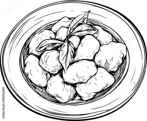 Black and White Vector Illustration of Gnocchi with Basil Garnish, Perfect for Culinary Designs and Menus