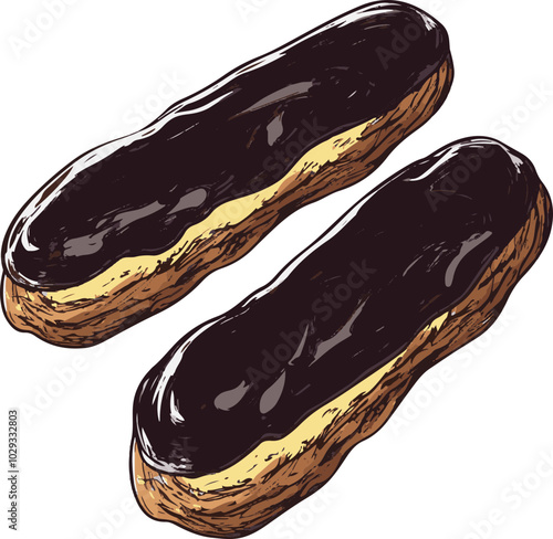 Vector illustration of delicious éclairs with chocolate glaze and creamy filling, perfect for dessert menus and culinary designs.