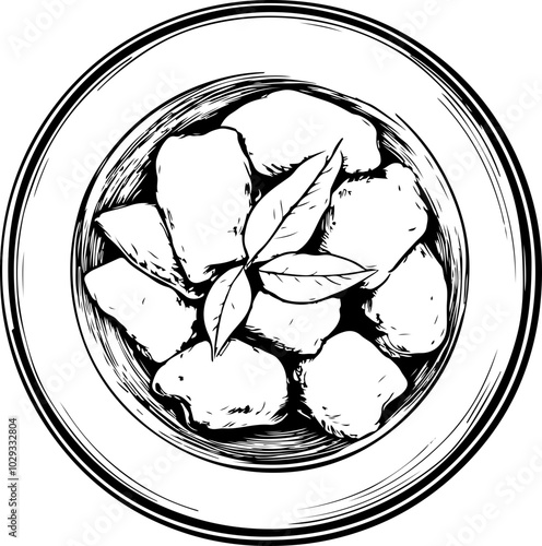 Black and White Vector Illustration of a Bowl of Dumplings with Fresh Leaves, Perfect for Culinary Designs and Menus