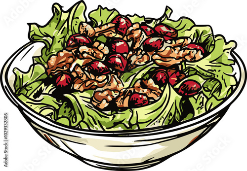 Colorful vector illustration of a fresh salad with lettuce, walnuts, and cranberries, perfect for healthy food promotions.